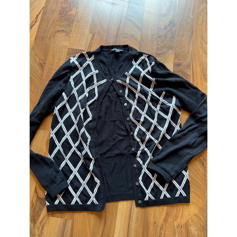 Brooks Brothers Cardigan Women‎ Small Black Excellent Silk Cotton Argyle Diamond